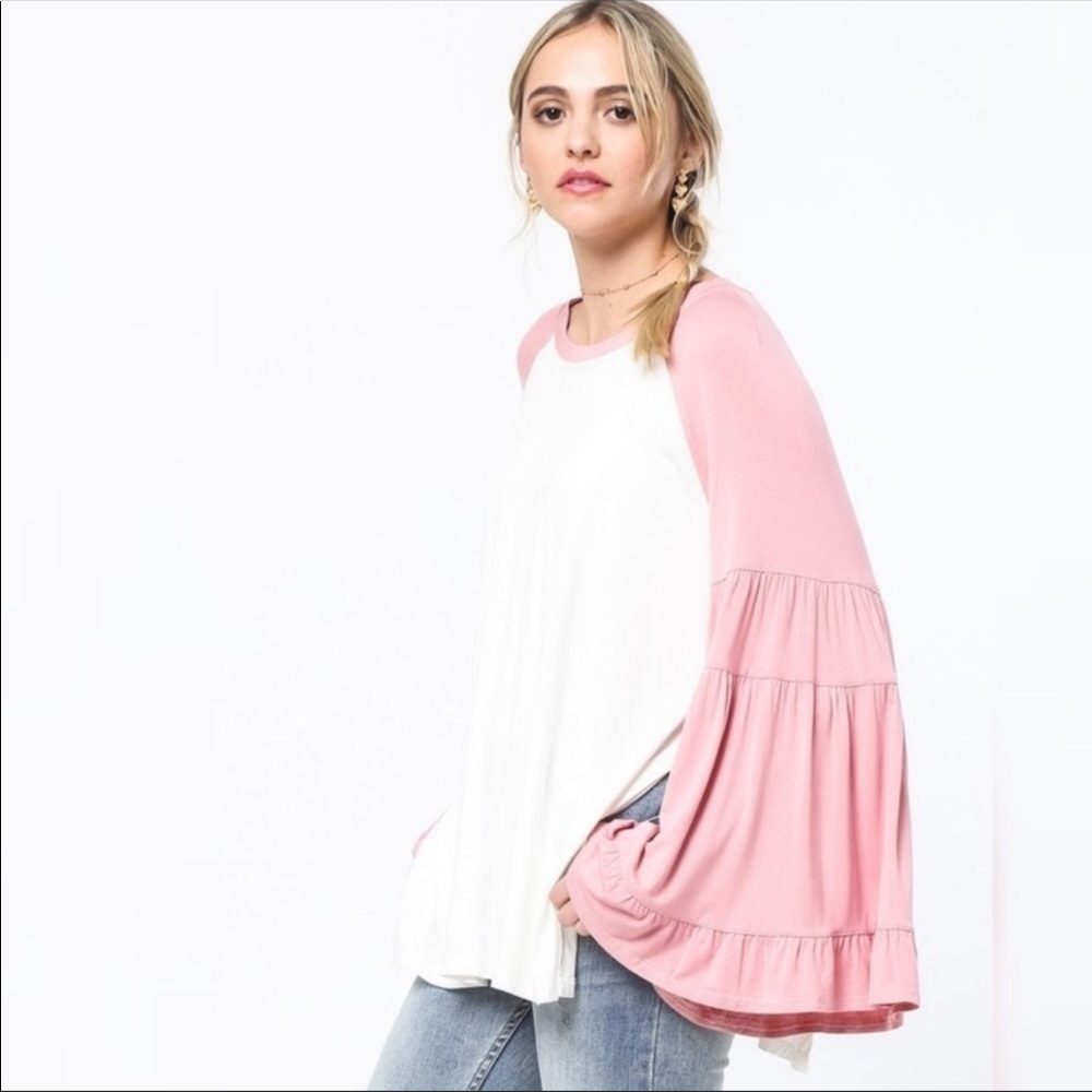 Pink And White Bell sleeve baseball top in white & rose Size Small